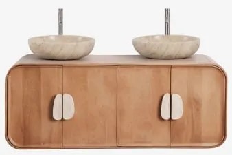 Conjunto De Móvel De Casa De Banho Dupla Suspensa 130x45 Cm Em Madeira De Manga E Pedra Natural Kivalina Sem Espelho & 2 X Cinzento Escovado ↑30 Cm Co
