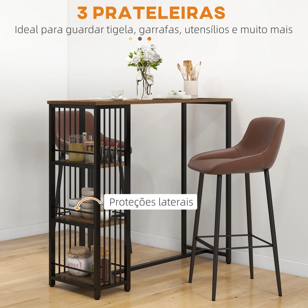 Mesa Alta de Cozinha com 3 Prateleiras Mesa de Bar Retangular para 2 Pessoas Pés de Aço 120x40x105 cm Castanho e Preto