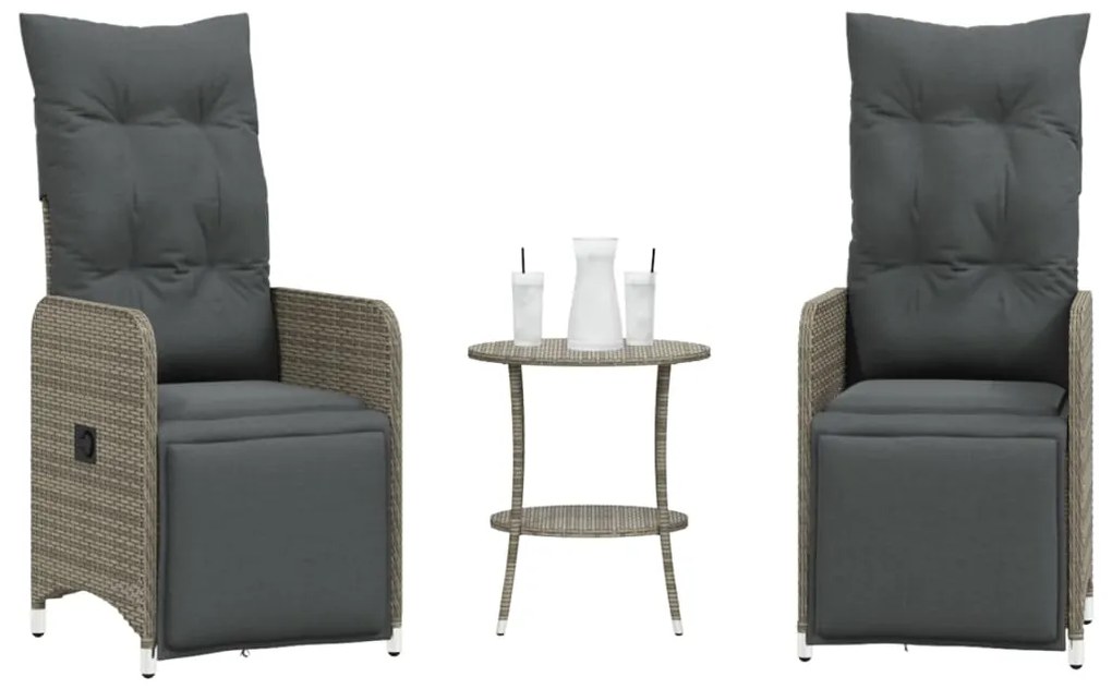 Cadeiras jardim reclináveis 2 pcs com mesa vime PE cinzento