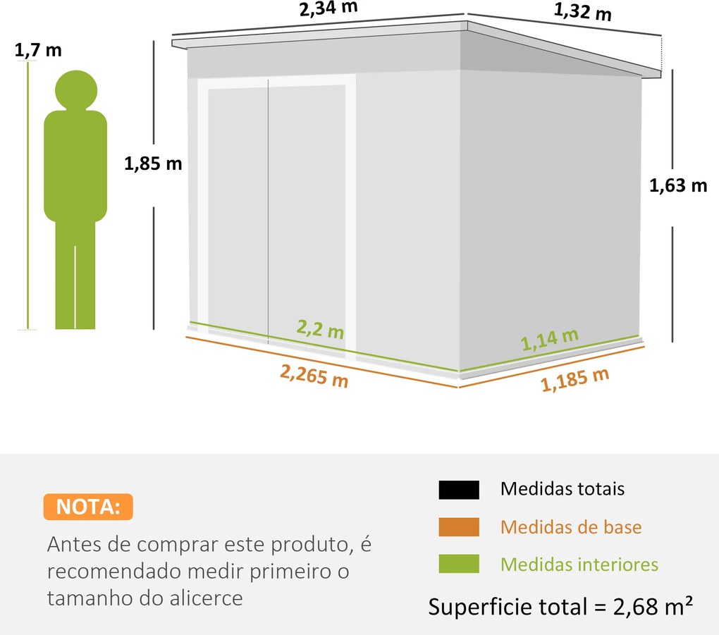 Abrigo de Jardim Exterior 2,7 m² 234x132x185 cm com Três Portas Fechadura e Grelhas de Ventilação Cinzento