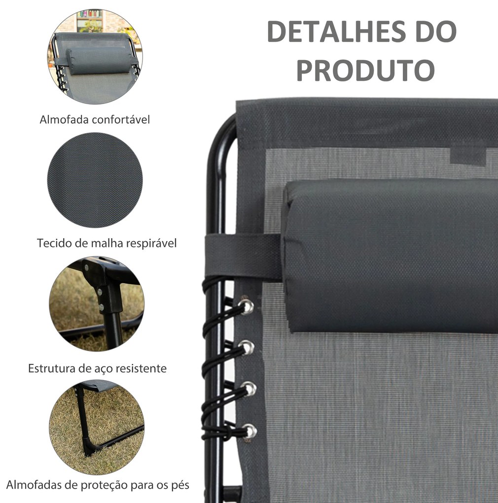 Espreguiçadeira Dobrável de Jardim com Encosto Ajustável Apoio para a Cabeça Acolchoado Bolso Lateral 185x58x30 cm Cinza