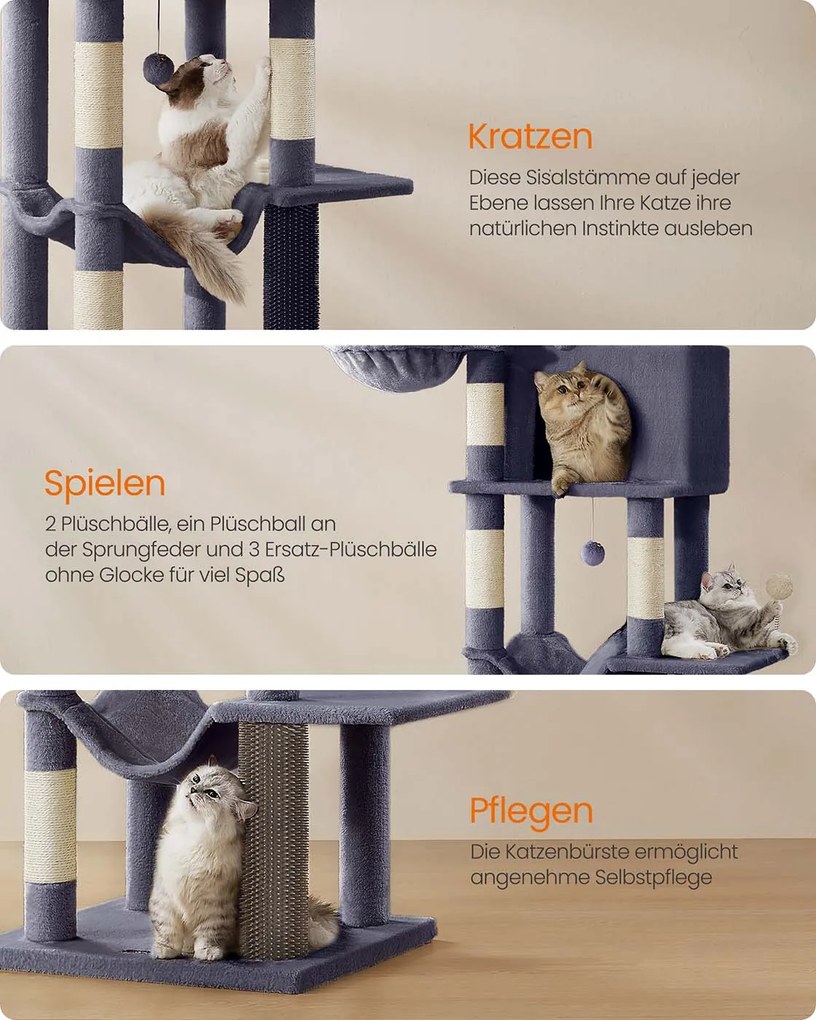 Arranhador para gatos com 190,7 cm de altura, 2 cavernas e 2 cavidades para descansar cinza escuro