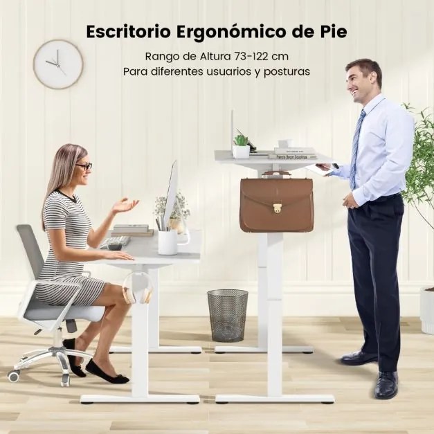 Secretária de pé eléctrica com 3 posições de altura ajustáveis com memória 2 ganchos para escritório 140 x 60 x 73-122 cm Branca