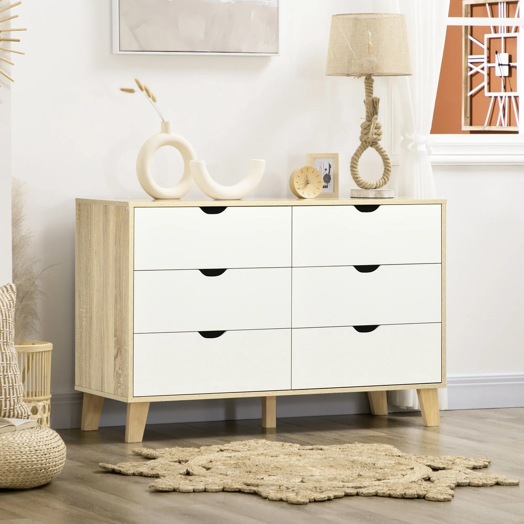 Cómoda de 6 gavetas em estilo escandinavo 120L x 40P x 76A cm, móvel de arrumação cor carvalho e bege