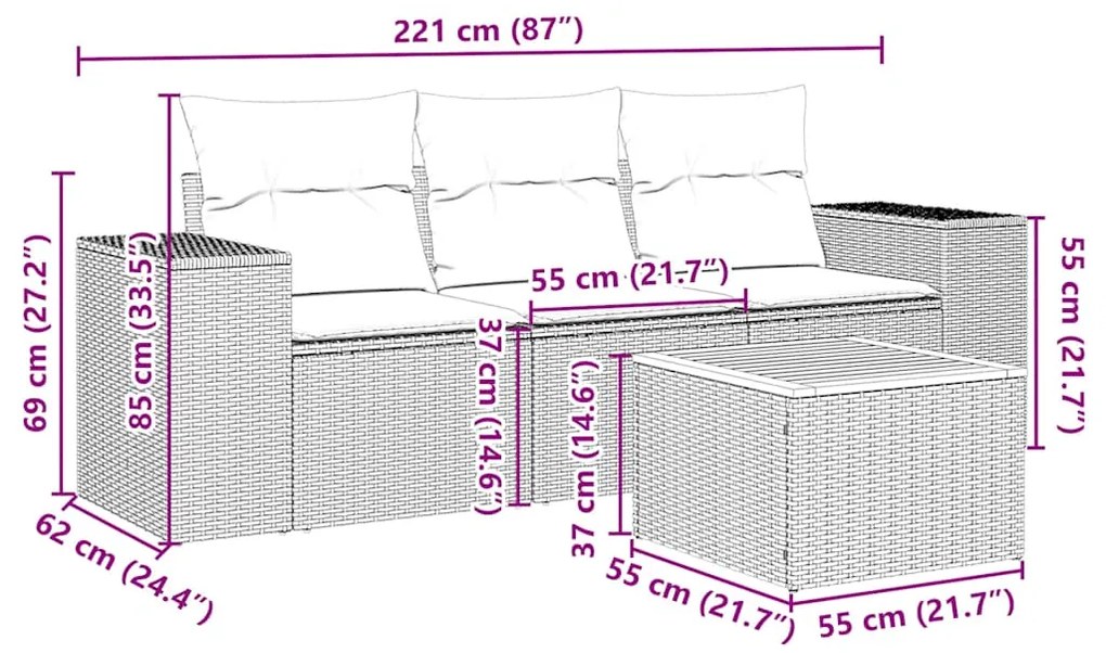 4 pcs conjunto de sofás para jardim c/ almofadões vime PE preto