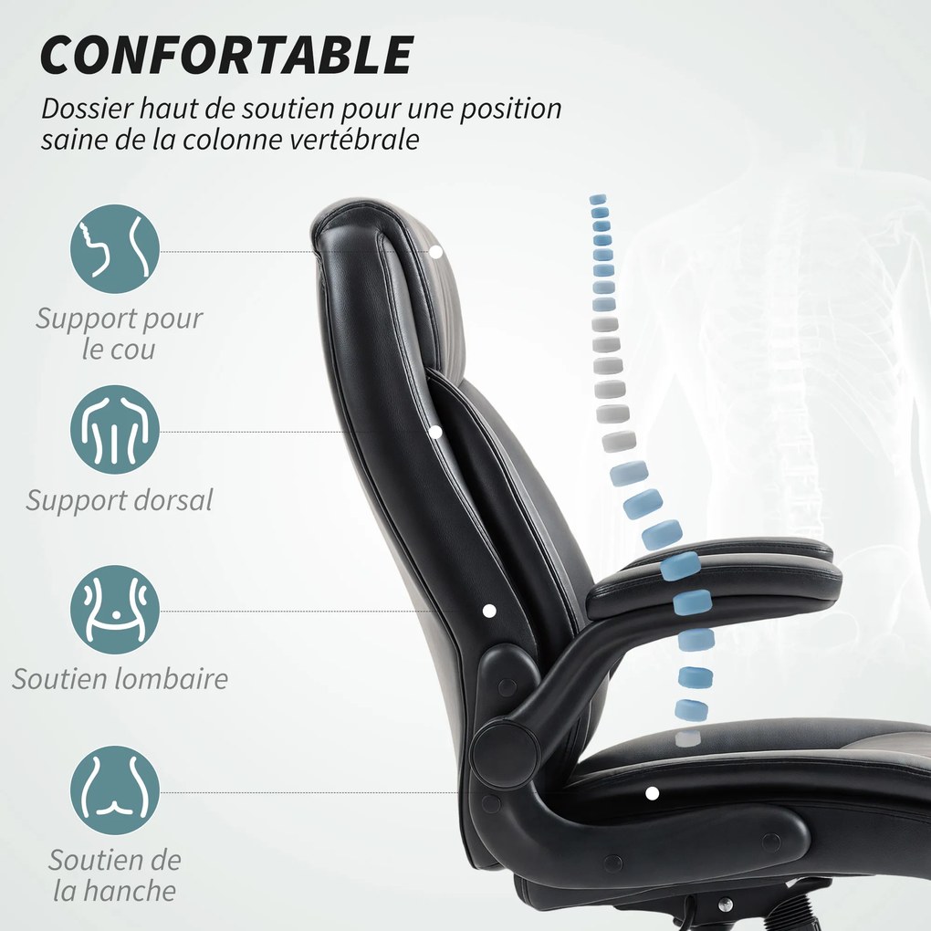 Cadeira de escritório com braços rebatíveis, cadeira de escritório ergonómica, altura ajustável, função de balanço, preta