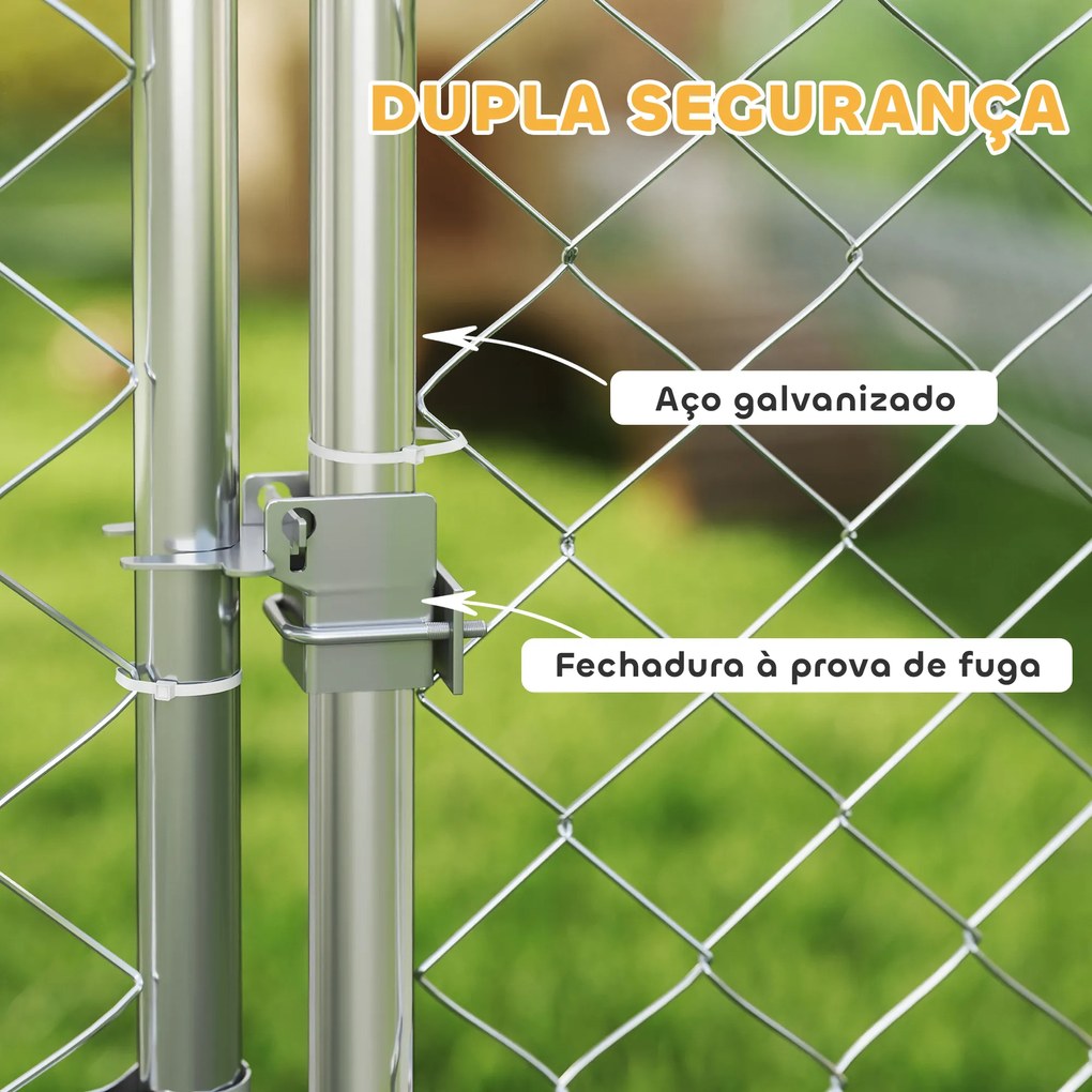 Canil Exterior com Toldo 2x2x1,54 m para Cães (CASOTA NÃO INCLUIDA) em Aço Galvanizado com Suporte para Comida Giratório e Ajustável Prata
