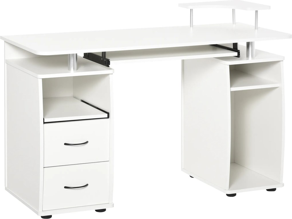 Mesa de Computador com Prateleiras 2 Gavetas Bandeja de Teclado e Suporte para Monitor e CPU 120x55x85 cm Branco