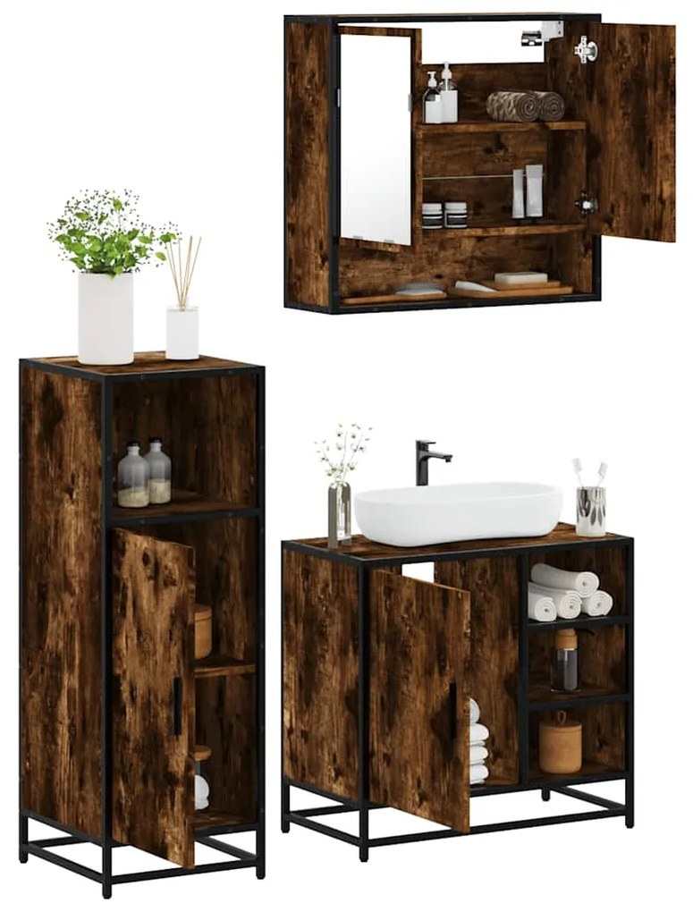 vidaXL 3 pcs conjunto de móveis WC madeira processada carvalho fumado