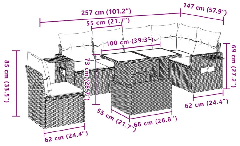 7 pcs conjunto sofás p/ jardim c/ almofadões vime PE cinzento