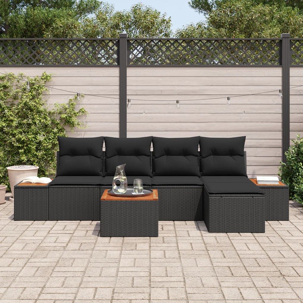 Conjunto de Sofá de Jardim de 6 Peças com Almofadas Pretas de Rattan d
