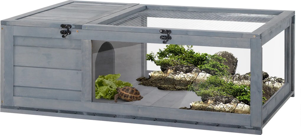 Terrario para Reptéis Casa para Tartarugas de Madeira com Painéis Laterais Transparentes e Trava 91x60,5x32 cm Cinza