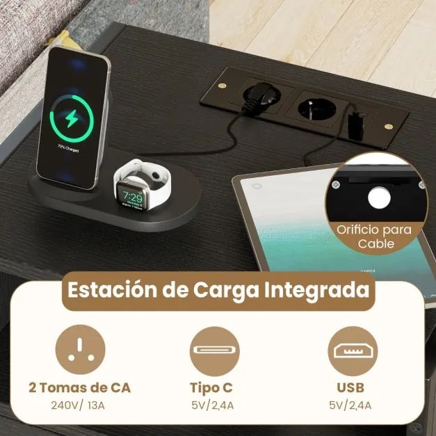 Mesa de cabeceira, mesa apoio 40 x 32 x 65 cm com estação de carregamento com Compartimento aberto Gaveta preta