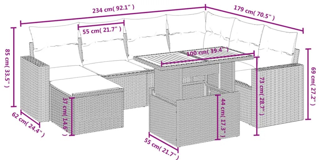 8 pcs conjunto de sofás p/ jardim com almofadões vime PE bege