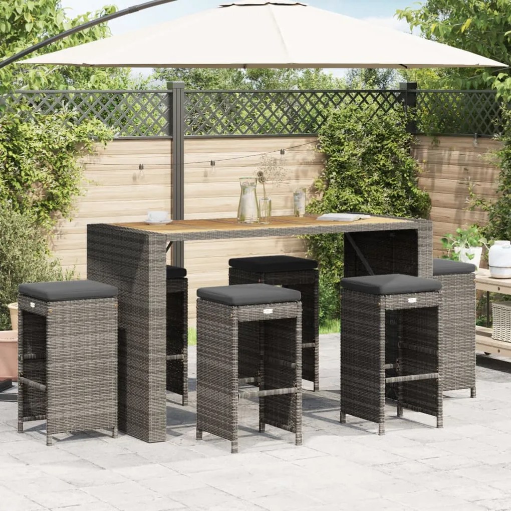 Bancos de bar p/ jardim com almofadões 6 pcs vime PE cinzento