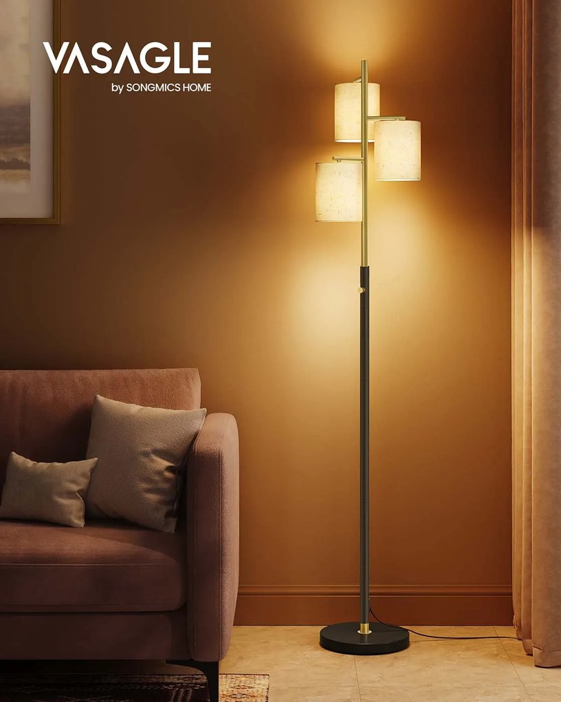 Candeeiro de pé com três lâmpadas e luminosidade ajustável 29 x 29 x 173 cm dourado-preto