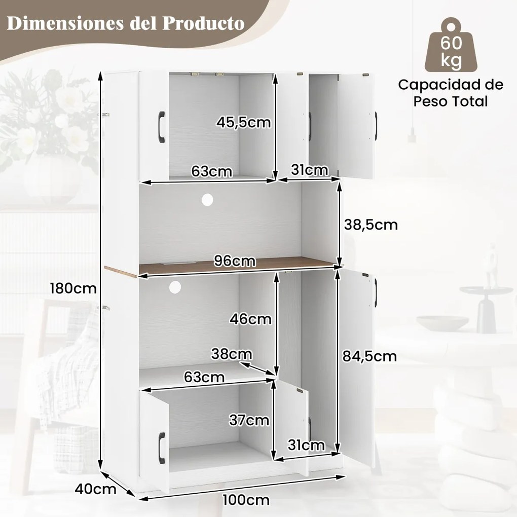 Armário de armazenamento Cozinha 100 x 40 x 180 cm com tomada elétrica 4 armários Compartimento aberto Branco