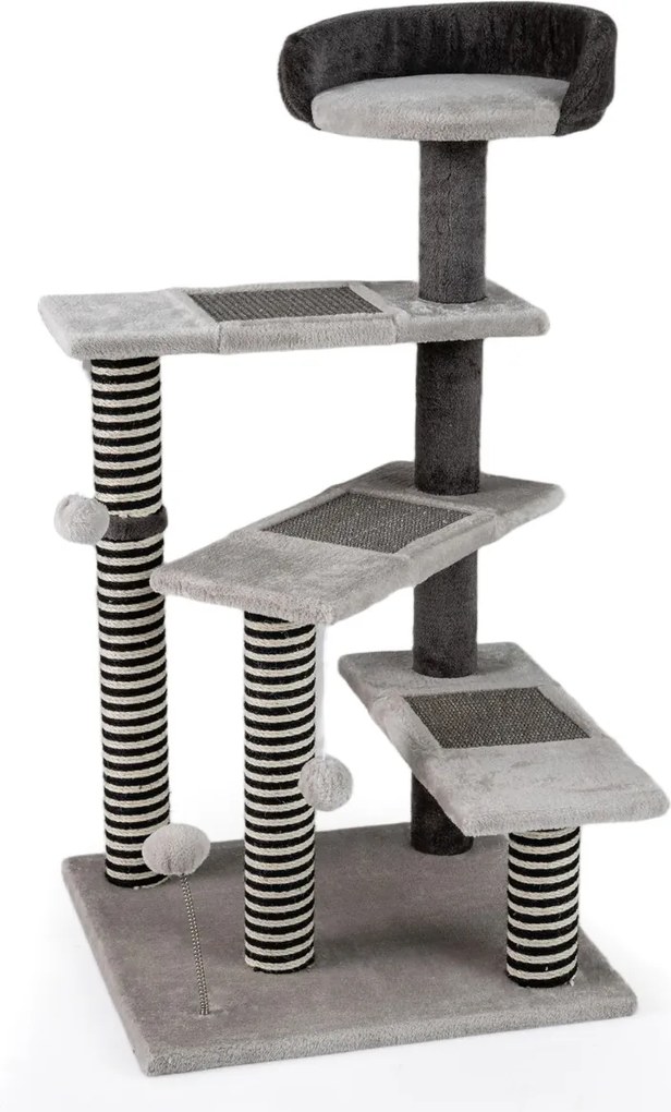 Arranhador para gatos 49 x 49 x 93 cm com 5 níveis de sisal e juta, tapetes, prateleira acolchoada, 3 plataformas, bolas suspensas e com mola, cinza