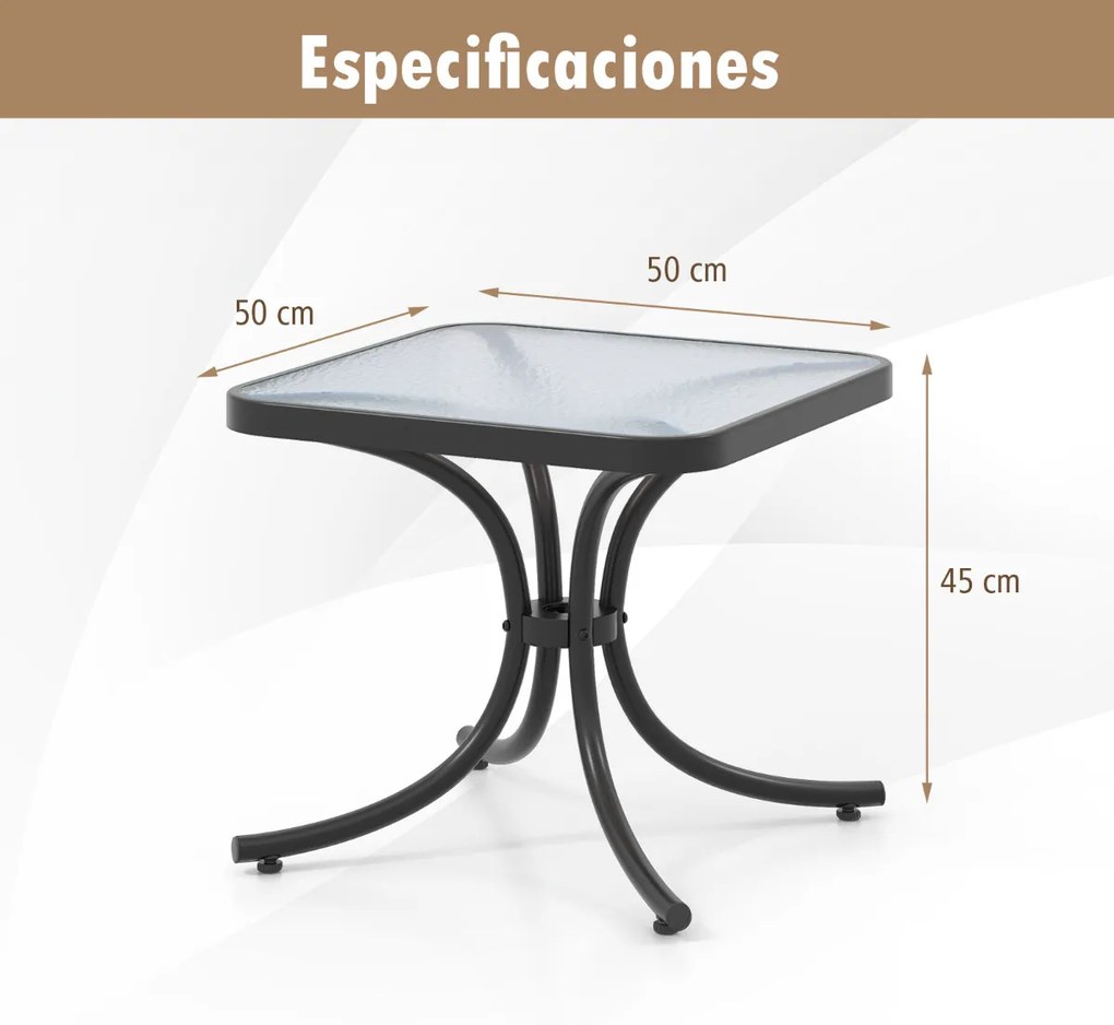 Mesa de jardim com tampo de vidro temperado Mesa de apoio de 50 cm com estrutura metálica robusta para varanda de jardim interior exterior