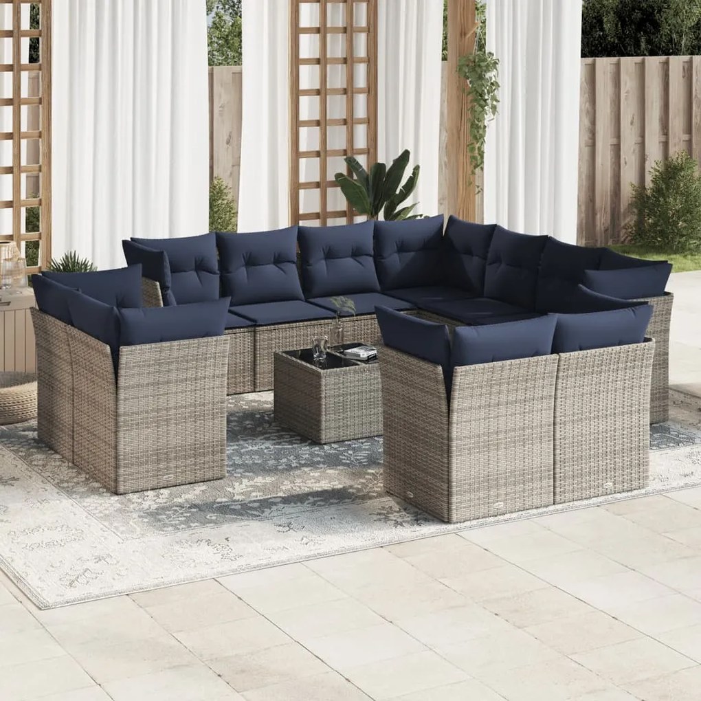 vidaXL 12 pcs conjunto sofás p/ jardim c/ almofadões vime PE cinzento
