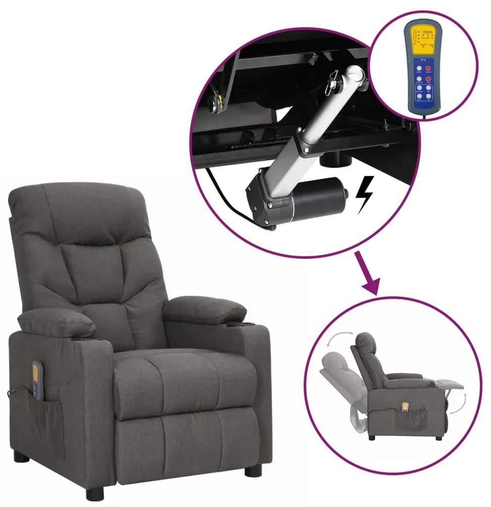 vidaXL Poltrona de massagens elevatória tecido cinzento-escuro