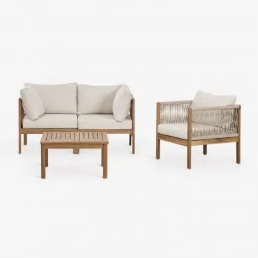 Conjunto De Sala De Estar Com Sofá Modular De 2 Peças Com Braços, Poltrona E Mesa De Centro Em Madeira De Acácia - Sklum