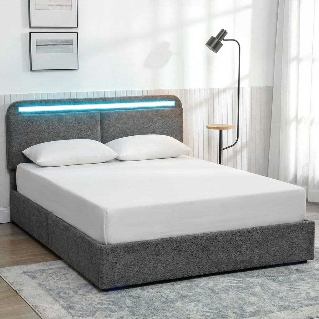 Cama com arrumação 140 x 190 cm com iluminação LED (COLCHÃO NÃO INCLUIDO), cabeceira ajustável, estrutura de cama de casal, base de ripas de madeira,