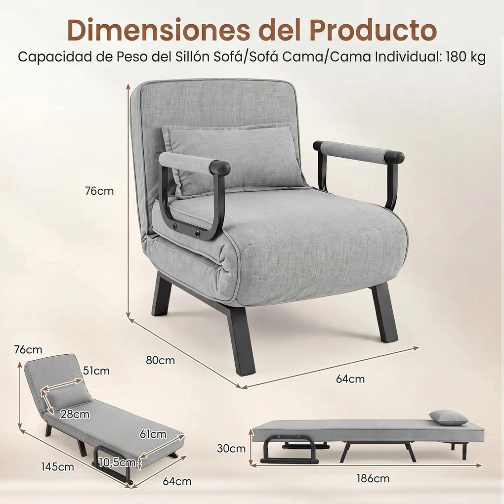Sofá-Cama Individual, 186 x 64 cm, Conversível em 3 Modos, Cinzento-claro