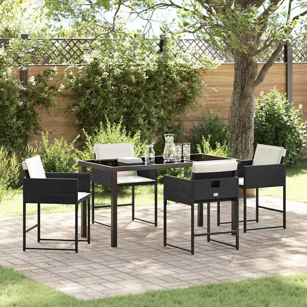 vidaXL Conjunto de Jantar de Jardim de 5 Peças com Almofadas Pretas em Rattan Sintético.