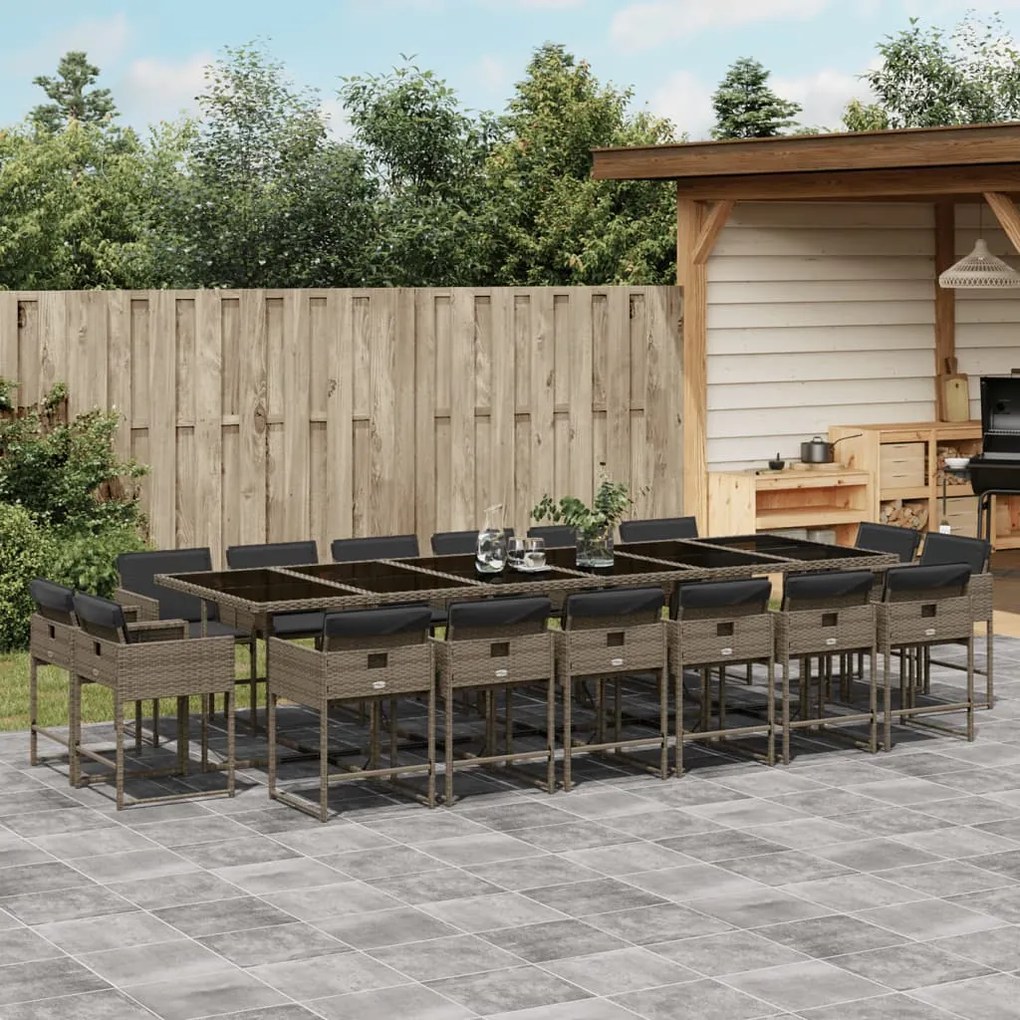 vidaXL 17 pcs conj. de jantar p/ jardim c/ almofadões vime PE cinzento