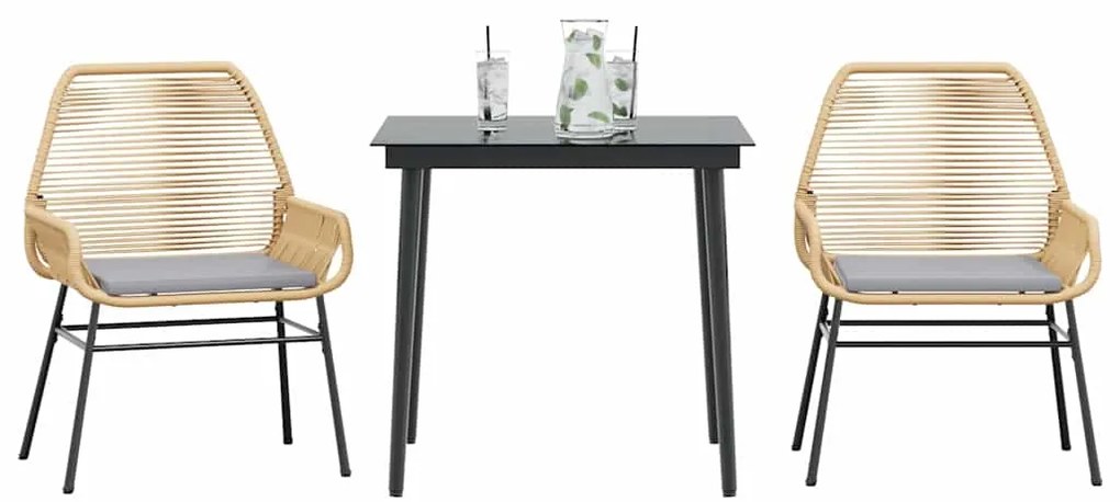 Conjunto jantar jardim 3 peças almofadas vidro vime PE castanho