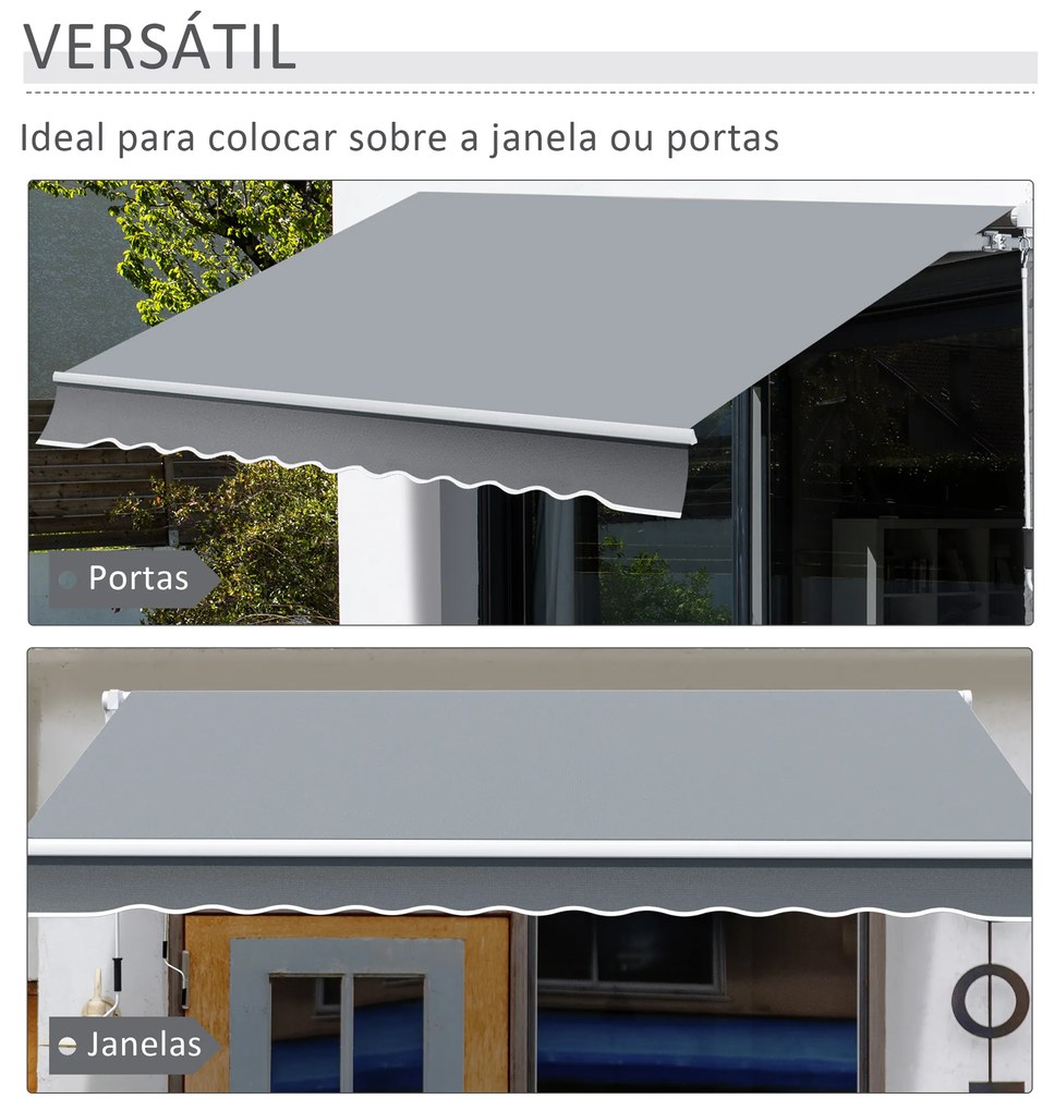 Outsunny Toldo Manual Retrátil com Manivela 295x245cm Toldo Enrolável Alumínio com Proteção Solar para Janela Portas Balcão Terraço Exterior Cinza