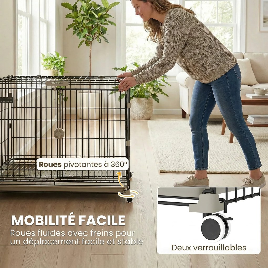 Gaiola dobrável para cães 75,5 x 46 x 64,5 cm, tabuleiro removível, rodas com travões, teto abrível com fecho de segurança, preta