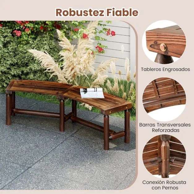 Banco Curvo para Exterior 170 x 58 x 45 cm para 2-3 Pessoas Capacidade de Carga de 360 kg Sem Encosto para Jardim Castanho