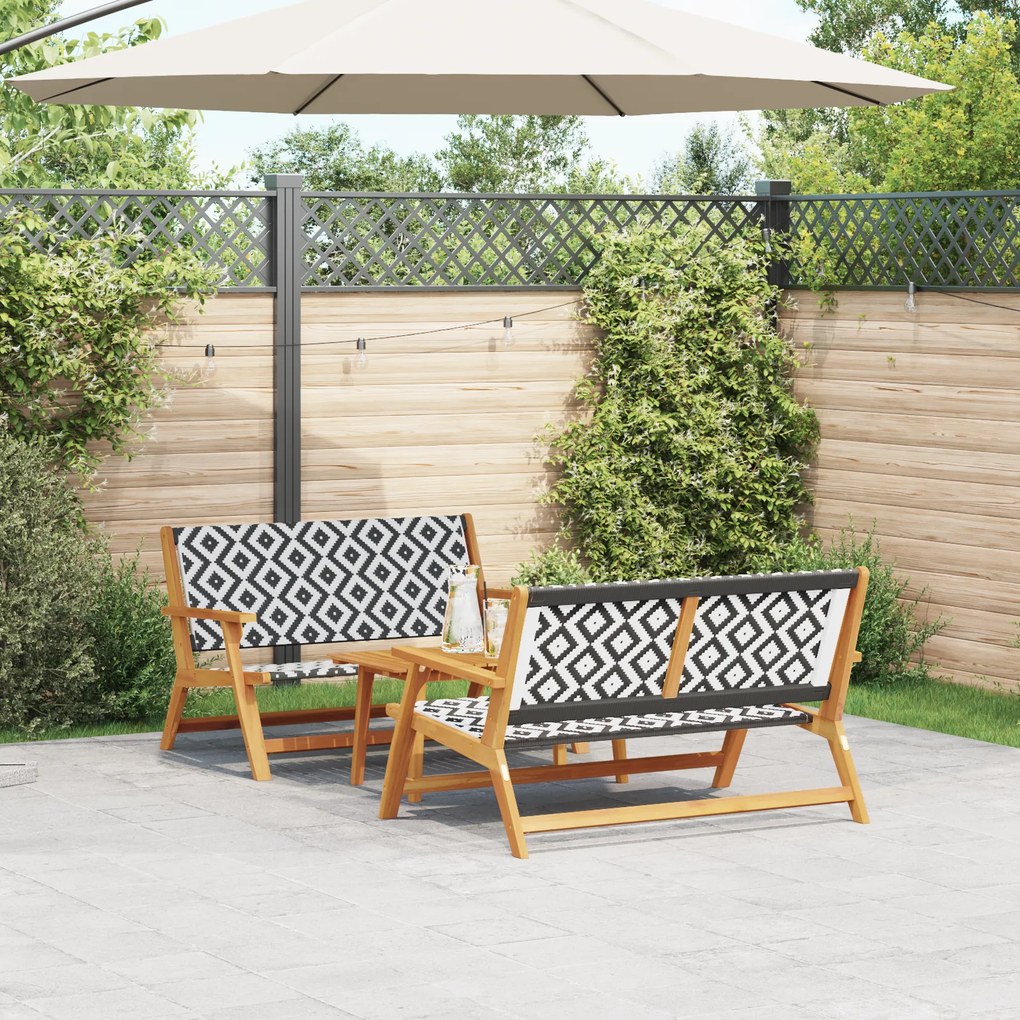 vidaXL Cadeiras de Jardim com Mesa, Conjunto de 3 Peças, Preto e Branco, Madeira Maciça de Acácia
