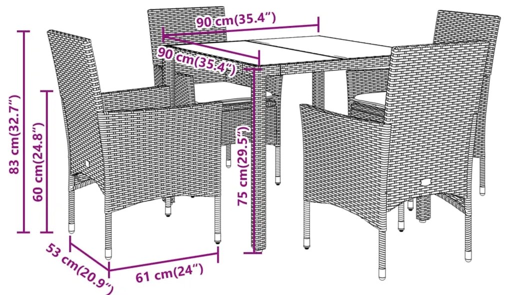 5 pcs conjunto jantar jardim com almofadões vime PE/vidro bege