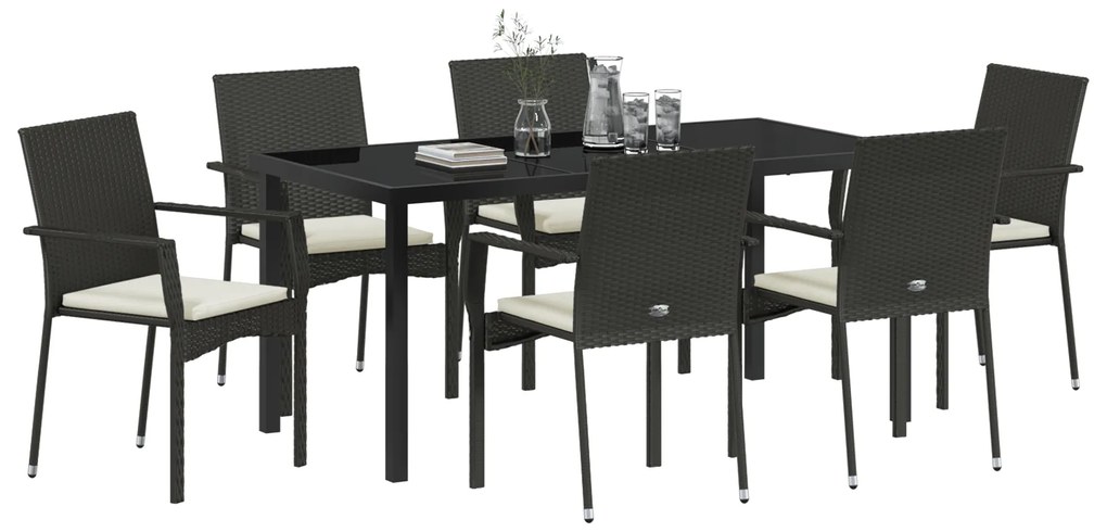 Conjunto de Jantar de Jardim com 7 Peças e Almofadas Preto Rattan Sint