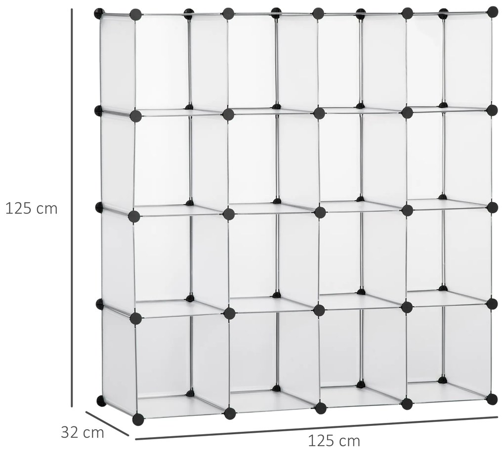 Armário Modular de Plástico Organizador de Sapatos com 16 Cubos de 30x30x30cm para Entrada Corredor 125x32x125 cm Transparente