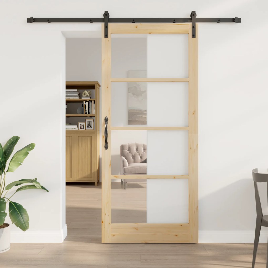 vidaXL Porta Deslizante com Conjunto de Ferragens 'ORKDAL'Madeira Sólida &amp; Vidro