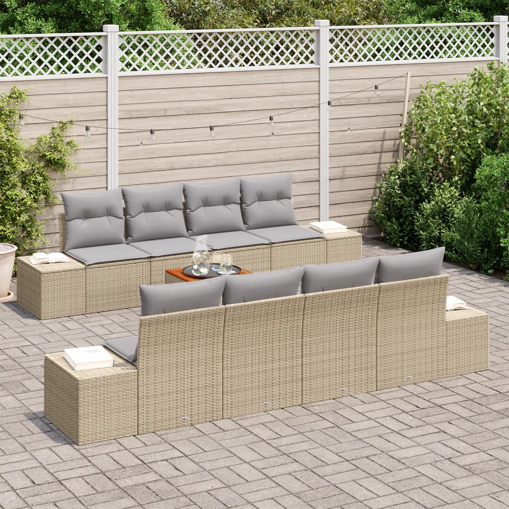 Conjunto de Sofá de Jardim de 7 Peças com Almofadas Bege Vime PE Acáci