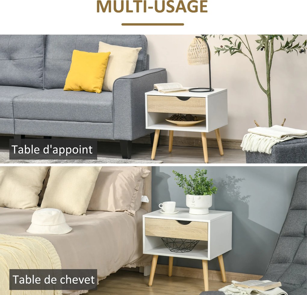 Mesa de Cabeceira, 50 x 39 x 51 cm, Design Escandinavo, Branco e cor Madeira Natural