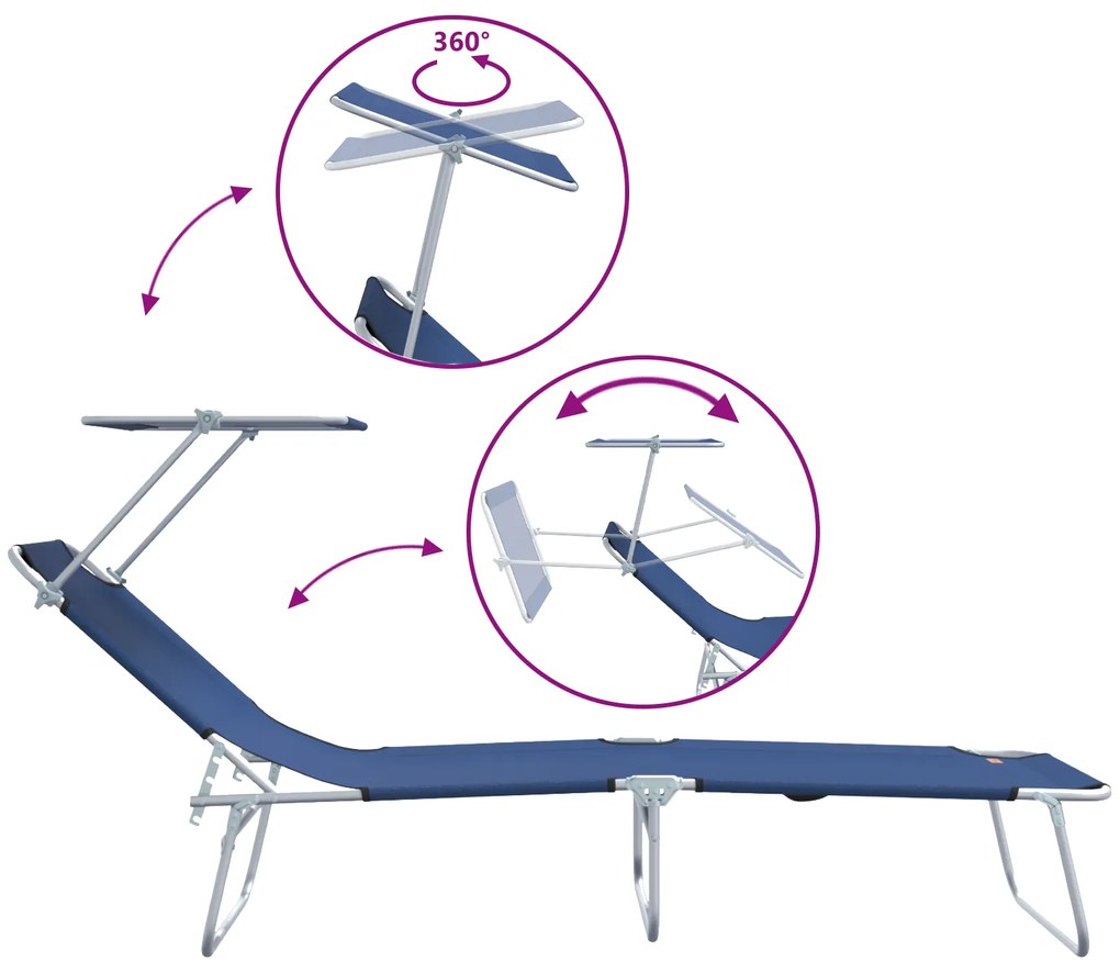 Espreguiçadeiras Dobráveis 2 pcs com Toldo Azul Tecido Oxford 600D