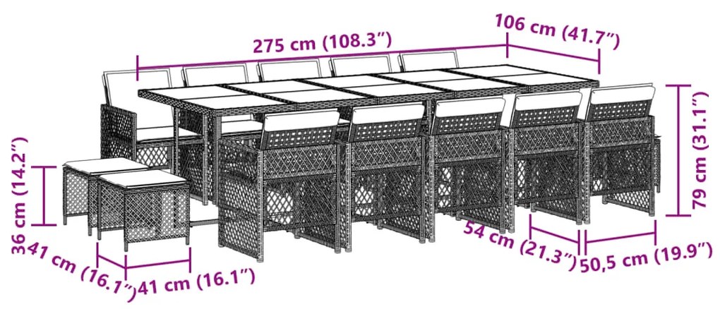 15 pcs conjunto de jantar p/ jardim com almofadões vime PE bege