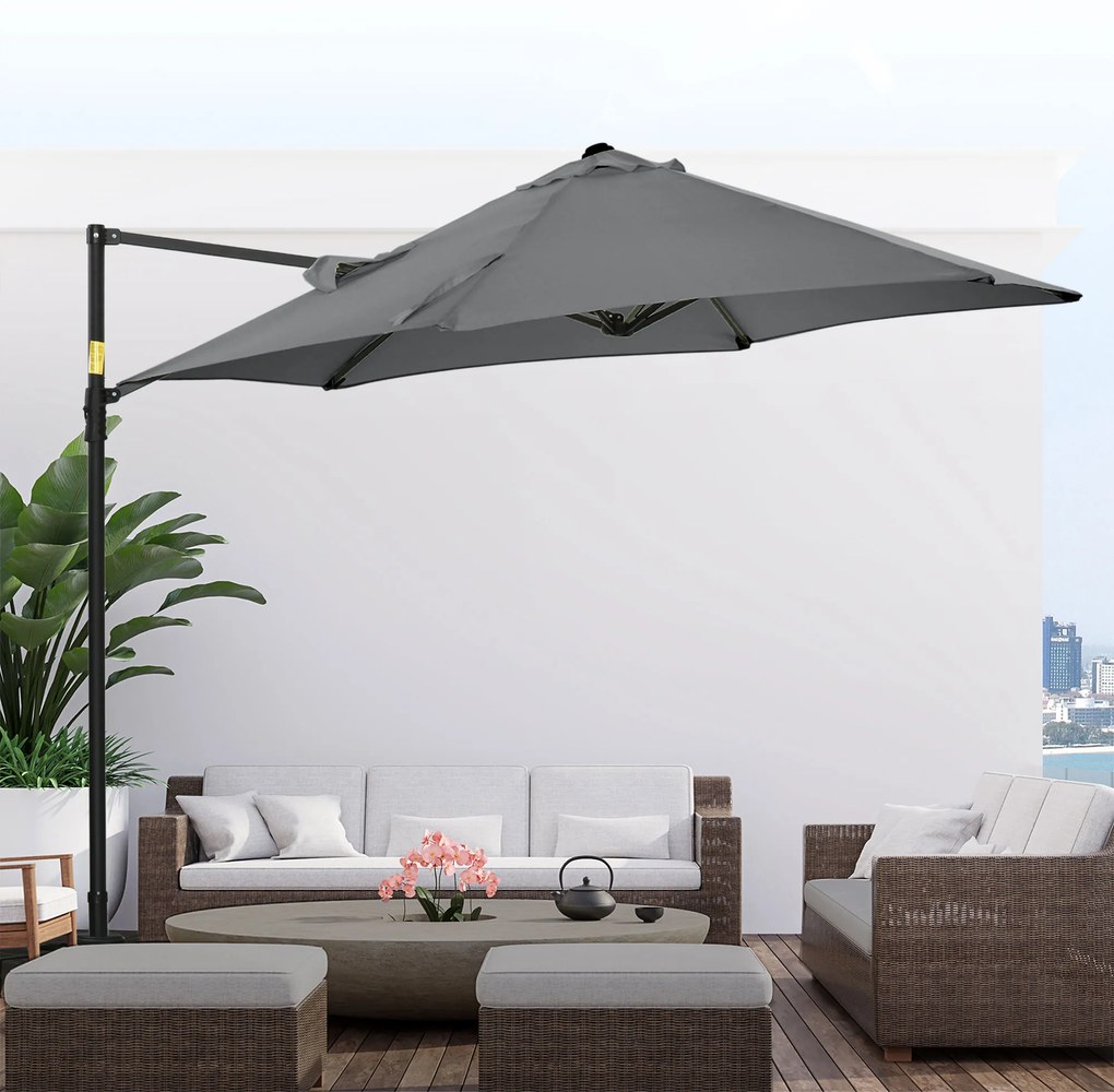 Outsunny Chapéu de Sol de Jardim Ø256x245cm Chapéu de Sol Excêntrico Rotação 360° com Abertura Manual e Base Cruzada para Pátio Varanda Exterior Cinza Escuro