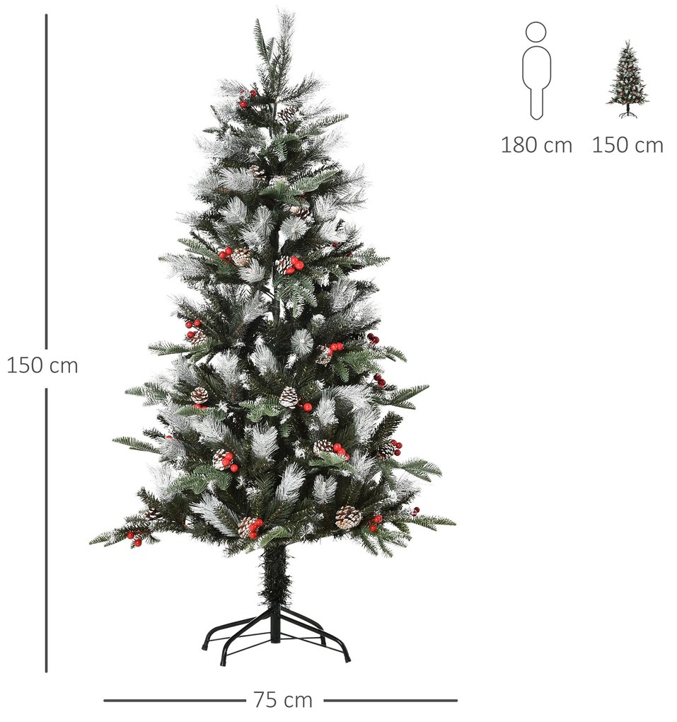 HOMCOM Árvore de Natal Artificial 150cm com 440 Ramas 39 Pinhas e 39 F