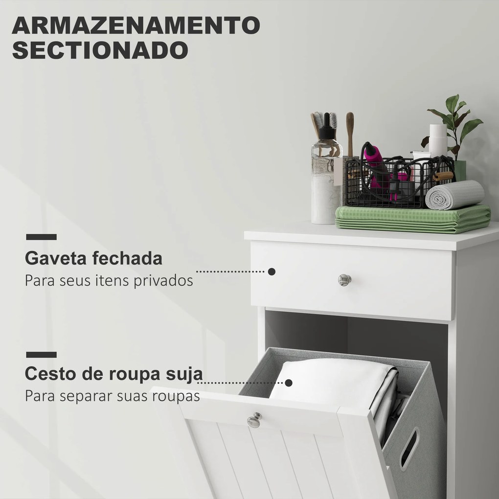 Armário de Casa de Banho com Cesto de Roupa Suja Basculante Móvel para Roupa Suja com Saco de Tecido Dobrável e Gaveta Branco 40x38x90 cm