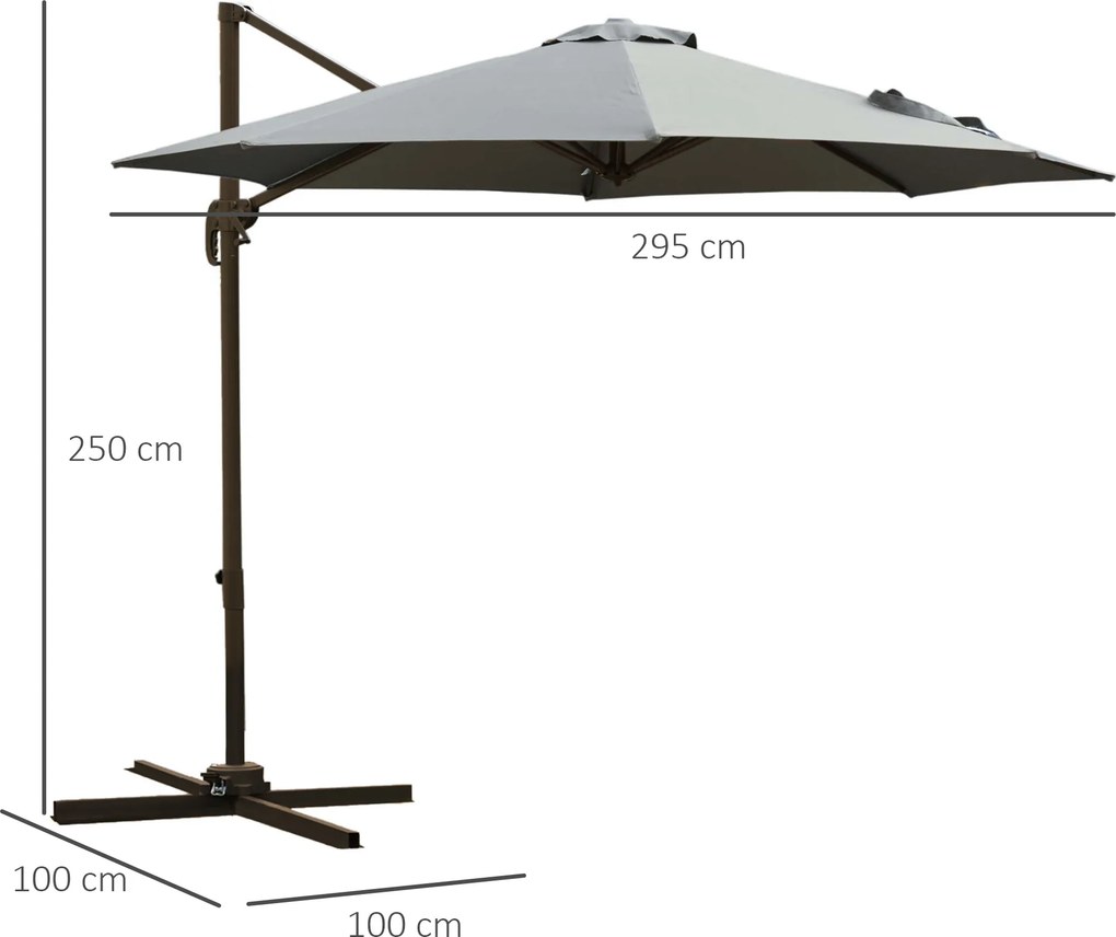 Guarda-sol octogonal inclinável Ø 3 x 2,5 m, com rotação de 360°, base em cruz, 8 cordas, manivela incluída, estrutura em alumínio e aço, cinzento