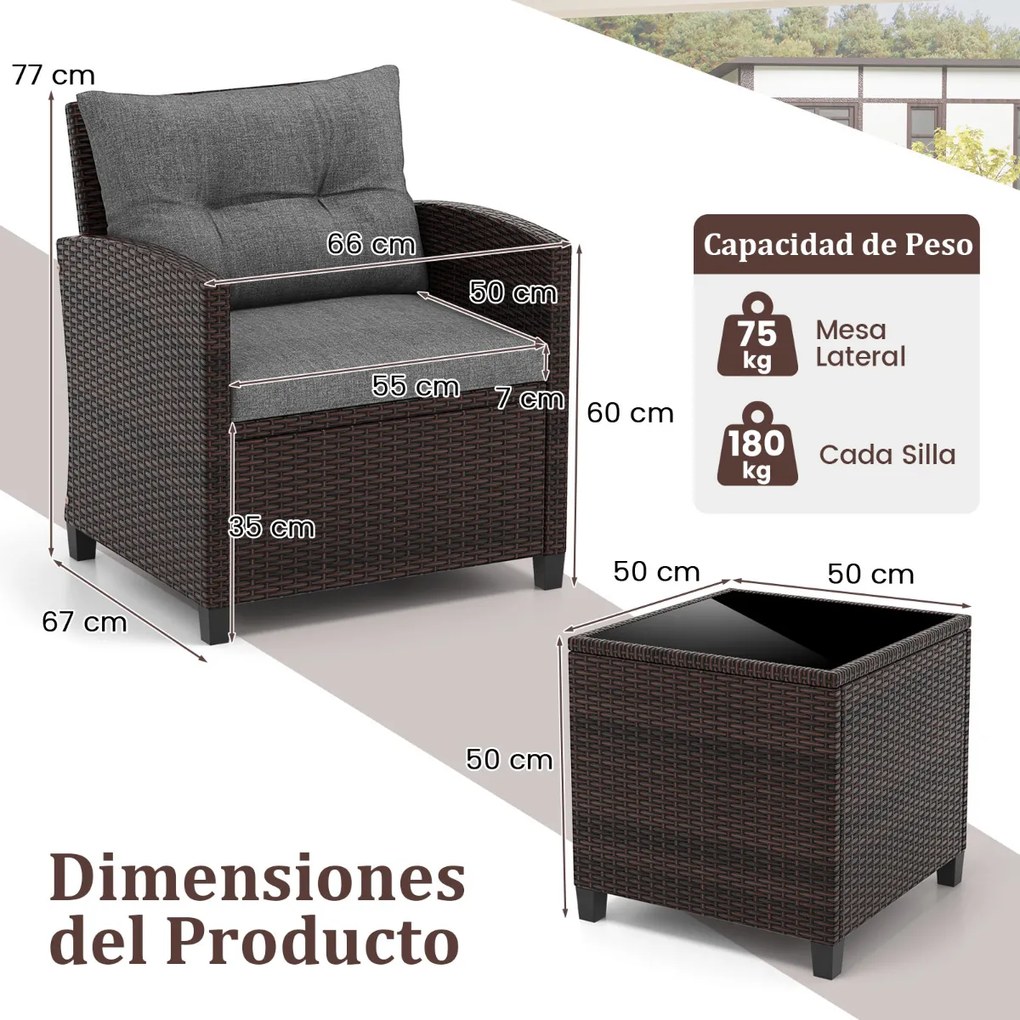 Conjunto Jardim de 3 peças em rattan com almofada lavável para jardim, piscina e varanda 67 x 67 x 76 cm Castanho e Cinzento