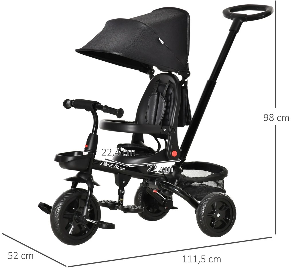 Triciclo Infantil 4 em 1 Bicicleta para Crianças 1-5 Anos com Assento Giratório Capô Ajustável Guidão de Empurre e Apoio para os Pés Dobrável 111,5x52