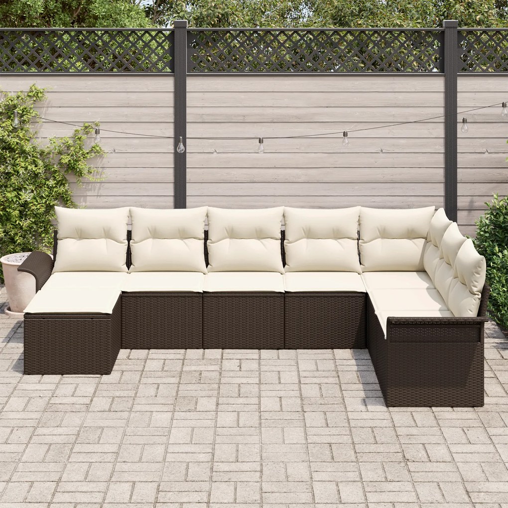 Conjunto de Sofás de Jardim com 8 Peças e Almofadas Marrom Vime Poliés